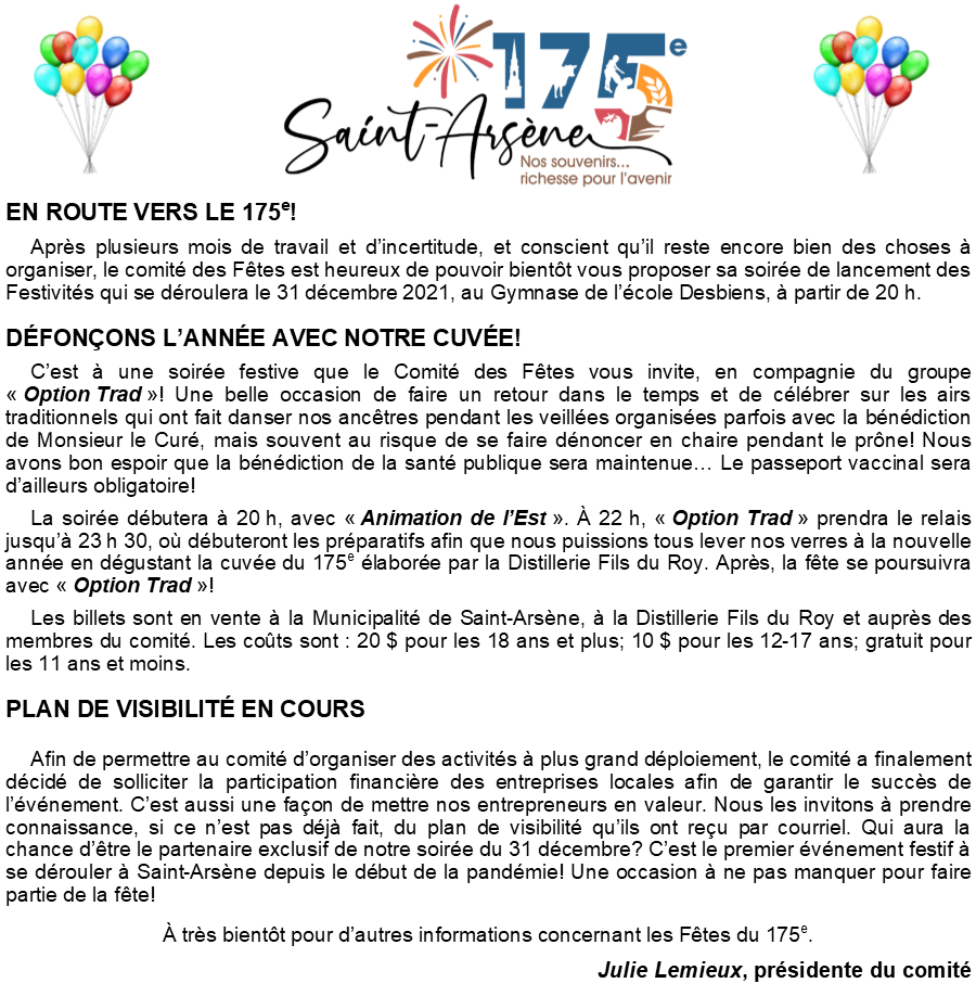 Fêtes 175e - Informations décembre 2021