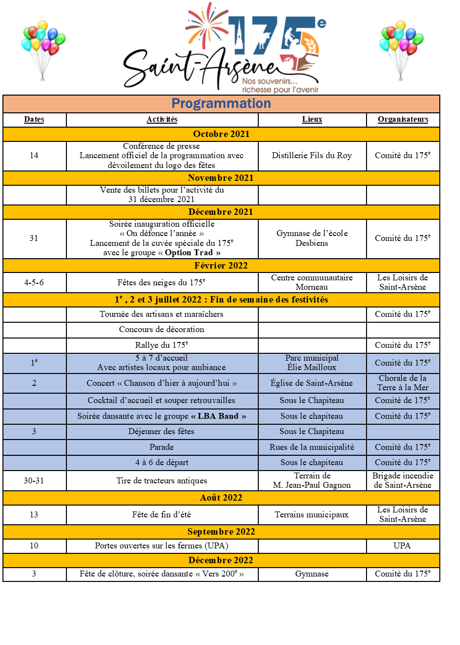 Fêtes 175e - Programmation